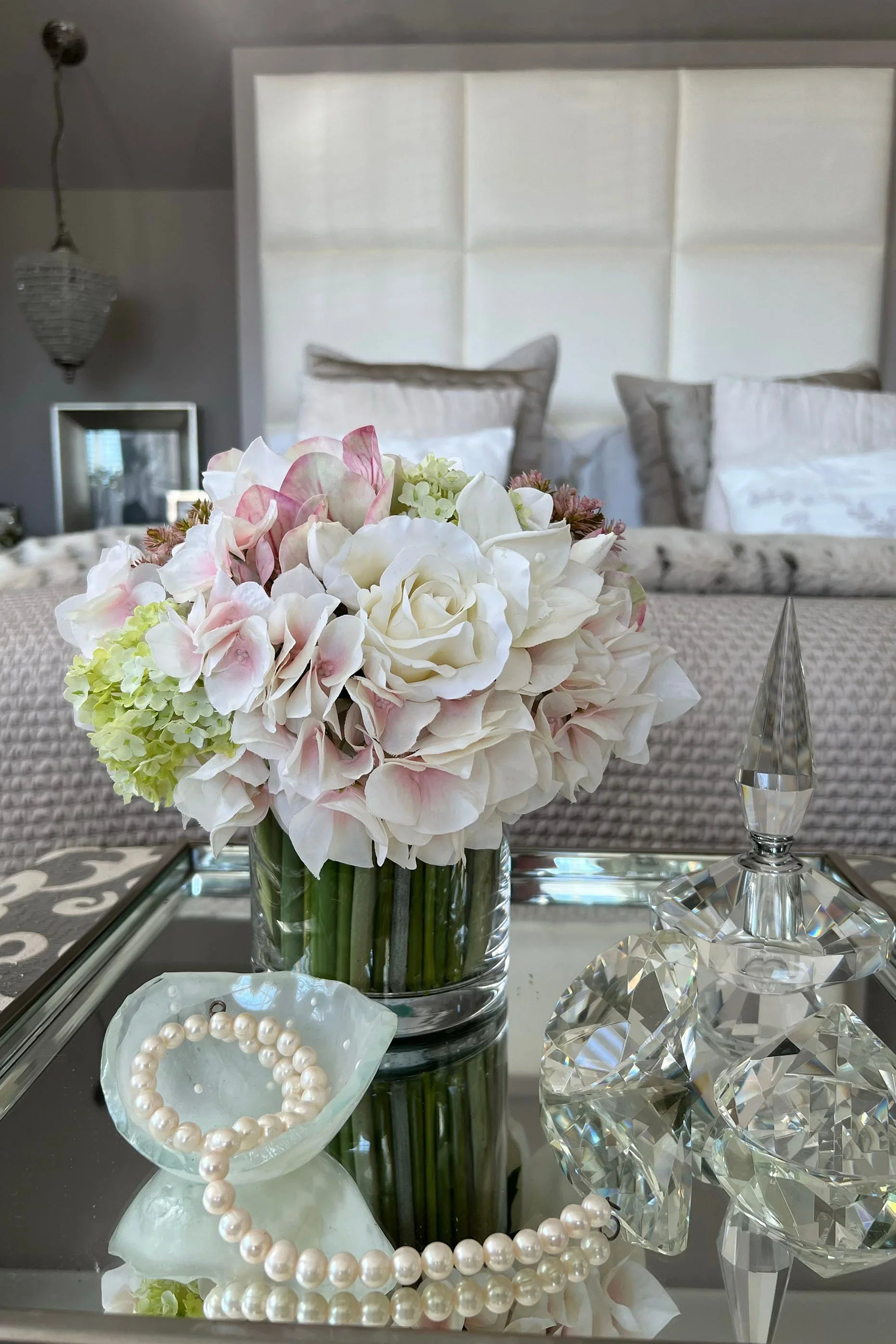 Rose, Hellebore, Hydrangea and Guelder Rose in a Stem Lined Cylinder RTfact Flowers 