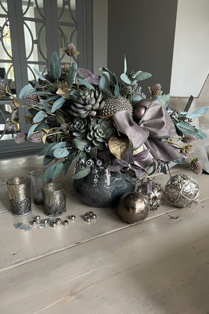 Eucalyptus, Sage, Berries and Gold Leaf in a Smokey Glass Vase