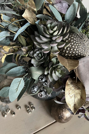 Eucalyptus, Sage, Berries and Gold Leaf in a Smokey Glass Vase