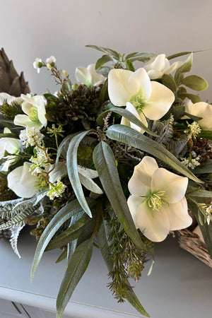 Eucalyptus, Hellebore, Wax Flower in a Matt Grey Stone Vase