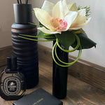 Cymbidium Orchid and Ivy Leaf in Black Glass Cylinder (Cream) RTfact Flowers 