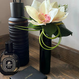 Cymbidium Orchid and Ivy Leaf in Black Glass Cylinder (Cream) RTfact Flowers 
