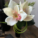 Cymbidium Orchid and Ivy Leaf in Black Glass Cylinder (Cream) RTfact Flowers 