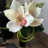 Cymbidium Orchid and Ivy Leaf in Black Glass Cylinder (Cream) RTfact Flowers 
