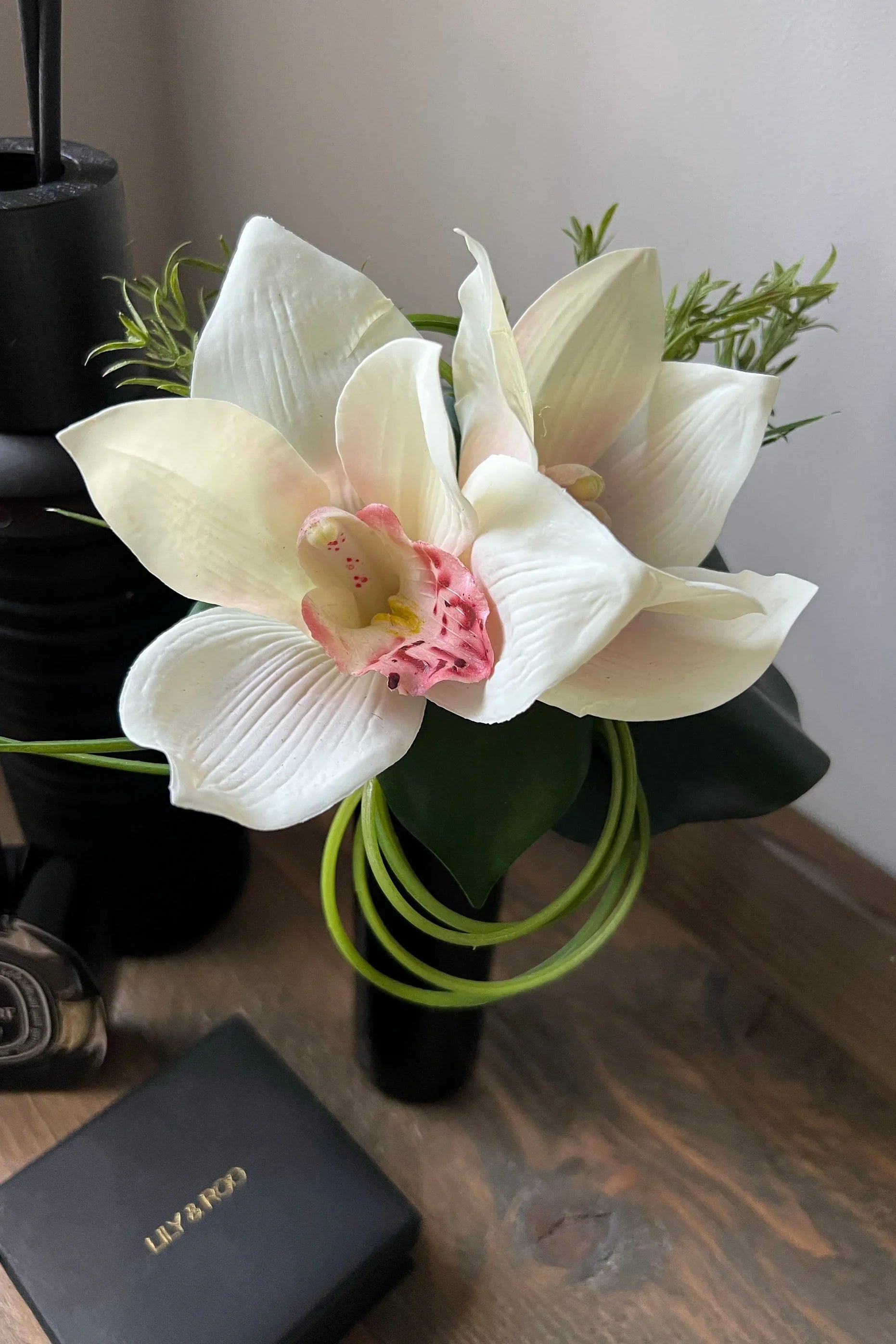 Cymbidium Orchid and Ivy Leaf in Black Glass Cylinder (Cream) RTfact Flowers 
