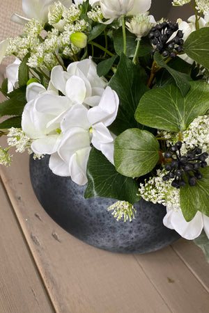 Hydrangea, Hellebore, Queen Anne's Lace and Ivy in a Matt Grey Bowl
