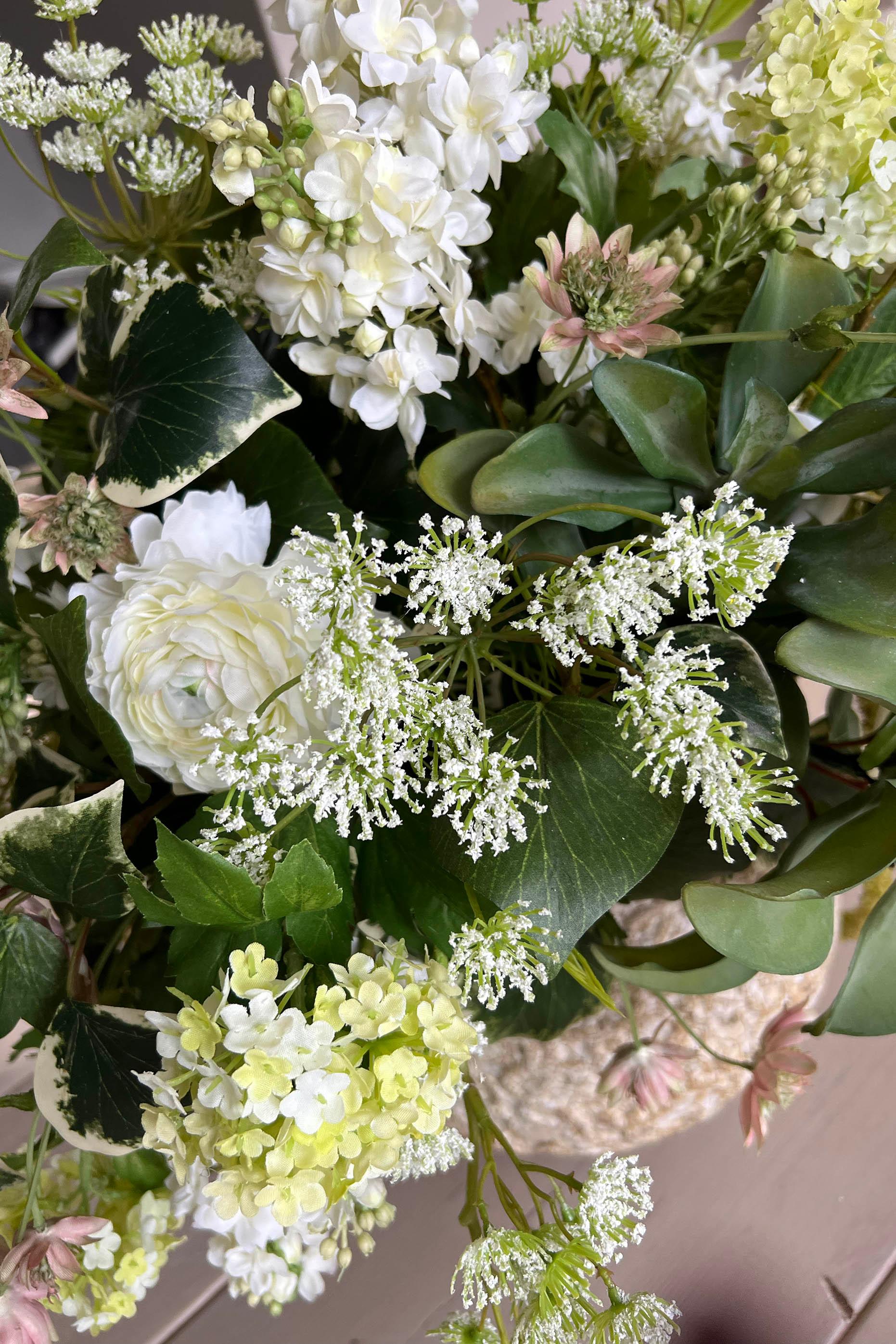 Ranunculus and Campanulas in a Textured Stone Vase RTfact Flowers 