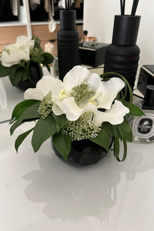 Vanda Orchid in a Black Glass Faceted Vase (White)