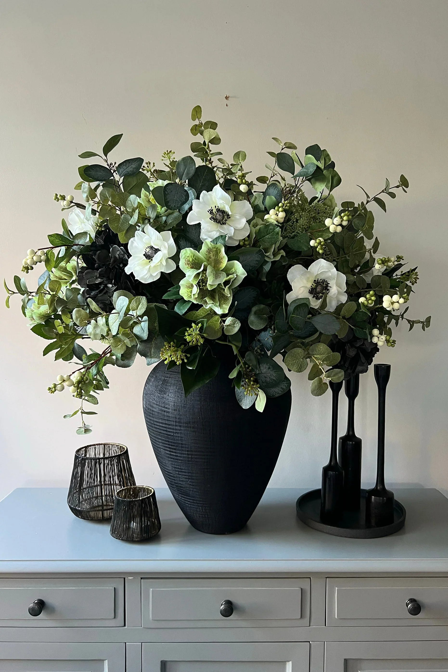 Eucalyptus, Hellebore, Hydrangea and Anemone in a Matt Black Vase RTfact Flowers 