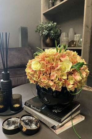 Hydrangea and Roses in a Black Goldfish Bowl (Vintage Peach)