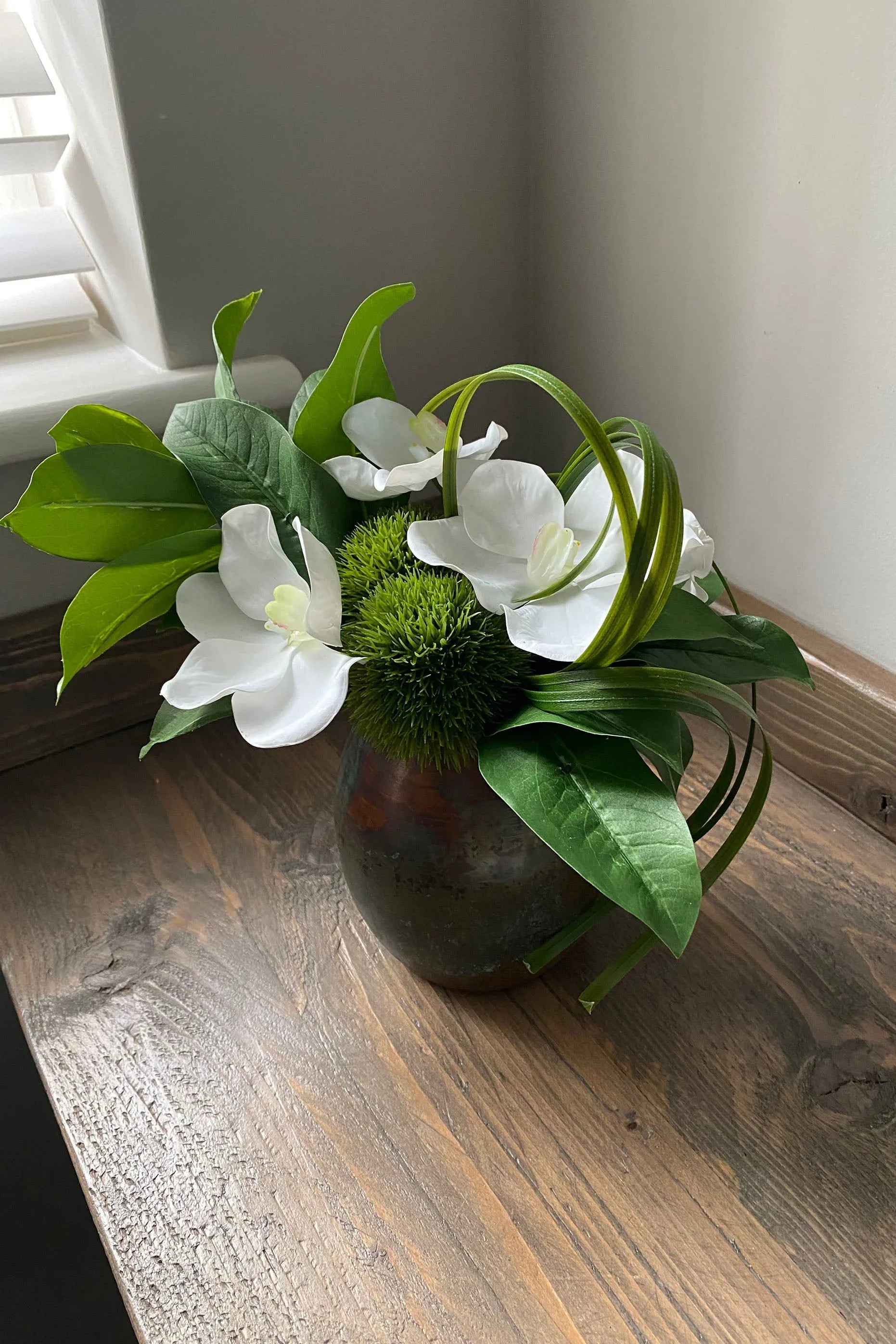 Vanda Orchid, Dianthus and Laurel in a Copper Vase RTfact Flowers 
