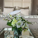 Hellebore, Guelder Rose and Blossom in a Leaf Lined Vase (Cream) RTfact Flowers 