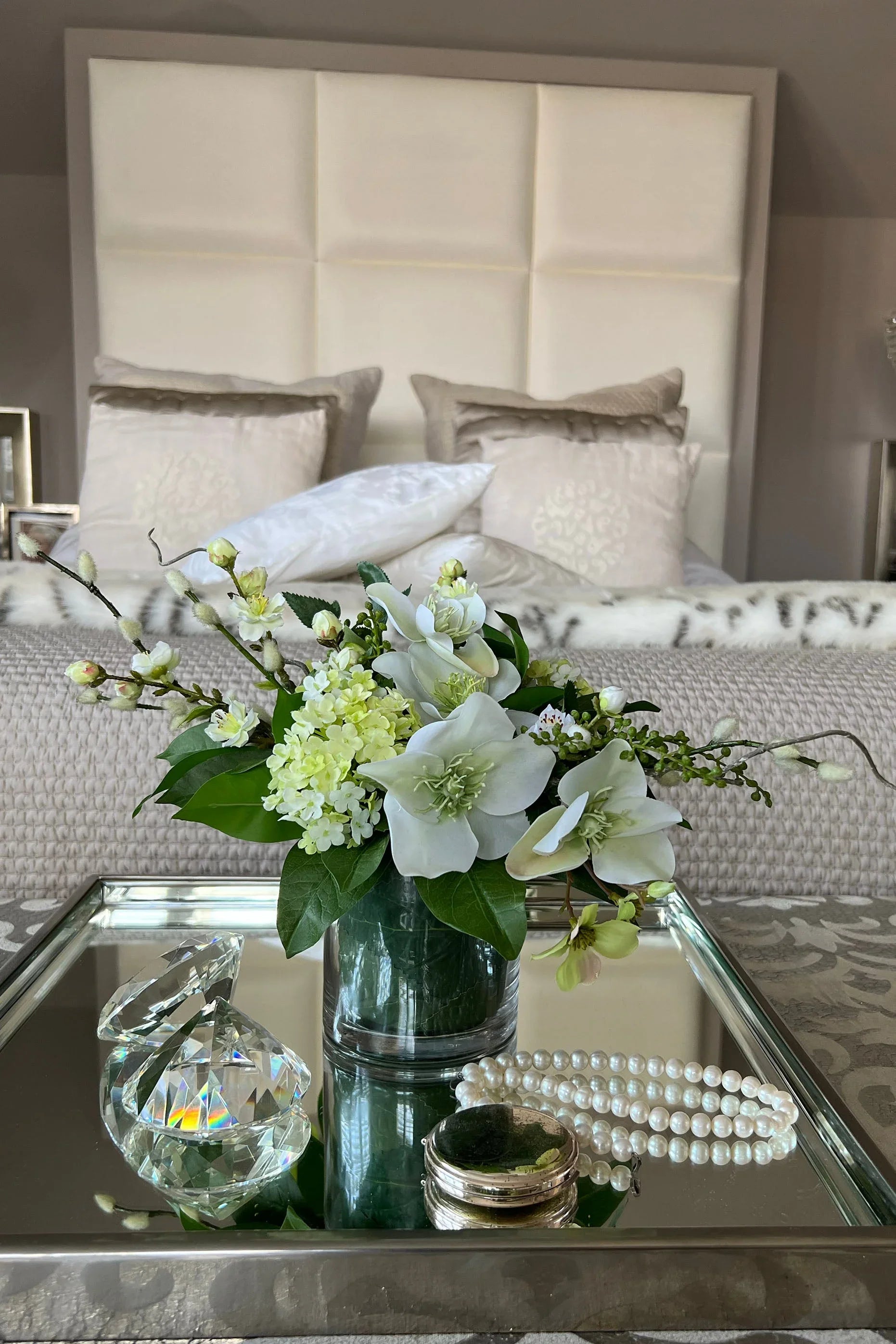 Hellebore, Guelder Rose and Blossom in a Leaf Lined Vase (Cream) RTfact Flowers 