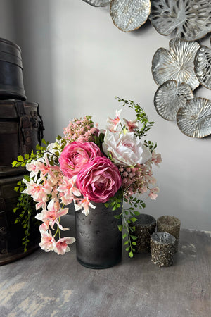 Roses, Ranunculus and Dancing Orchids in a Silver Grey Vase