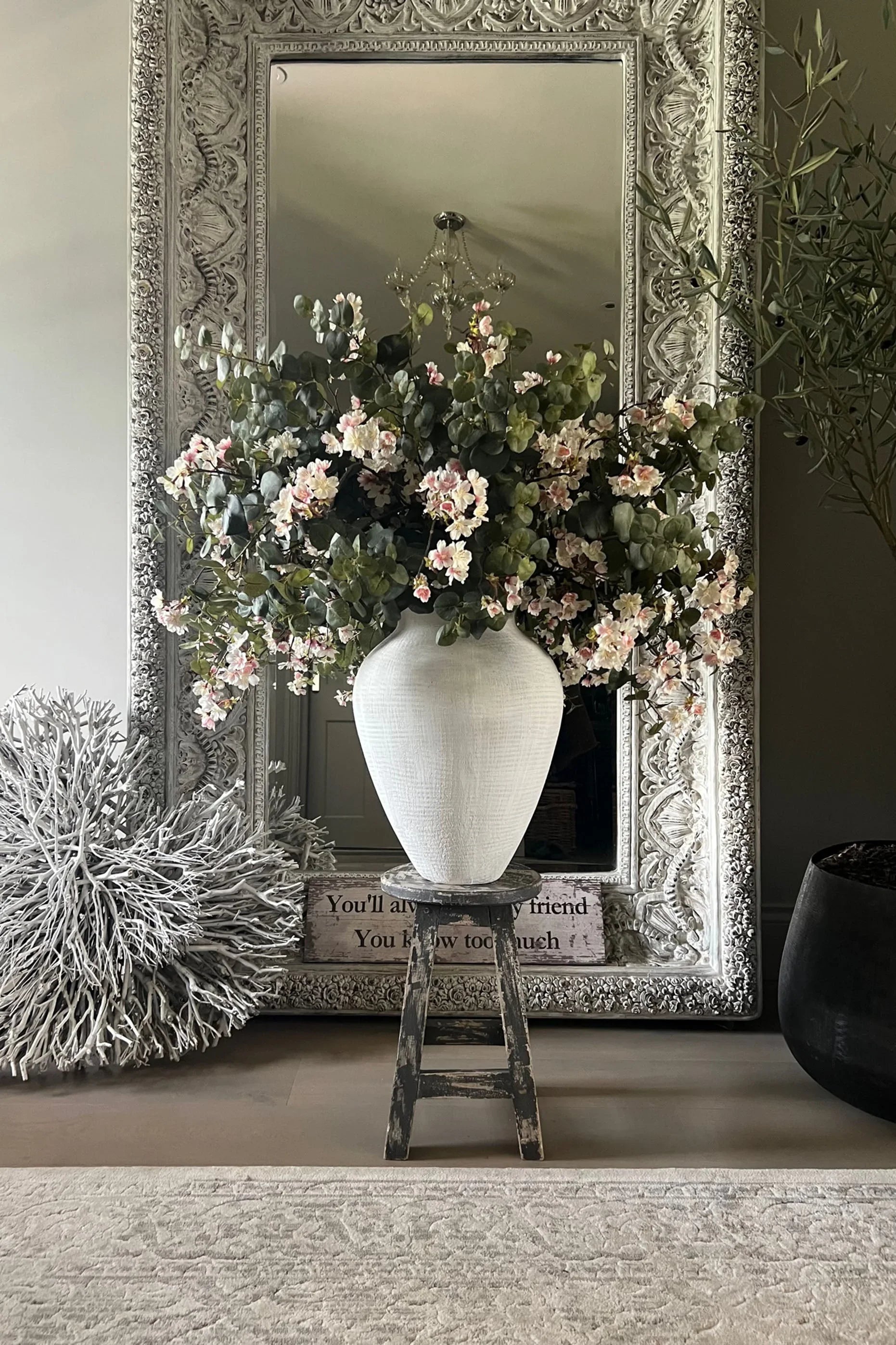 Blossom and Eucalyptus in a White Stone Vase RTfact Flowers 