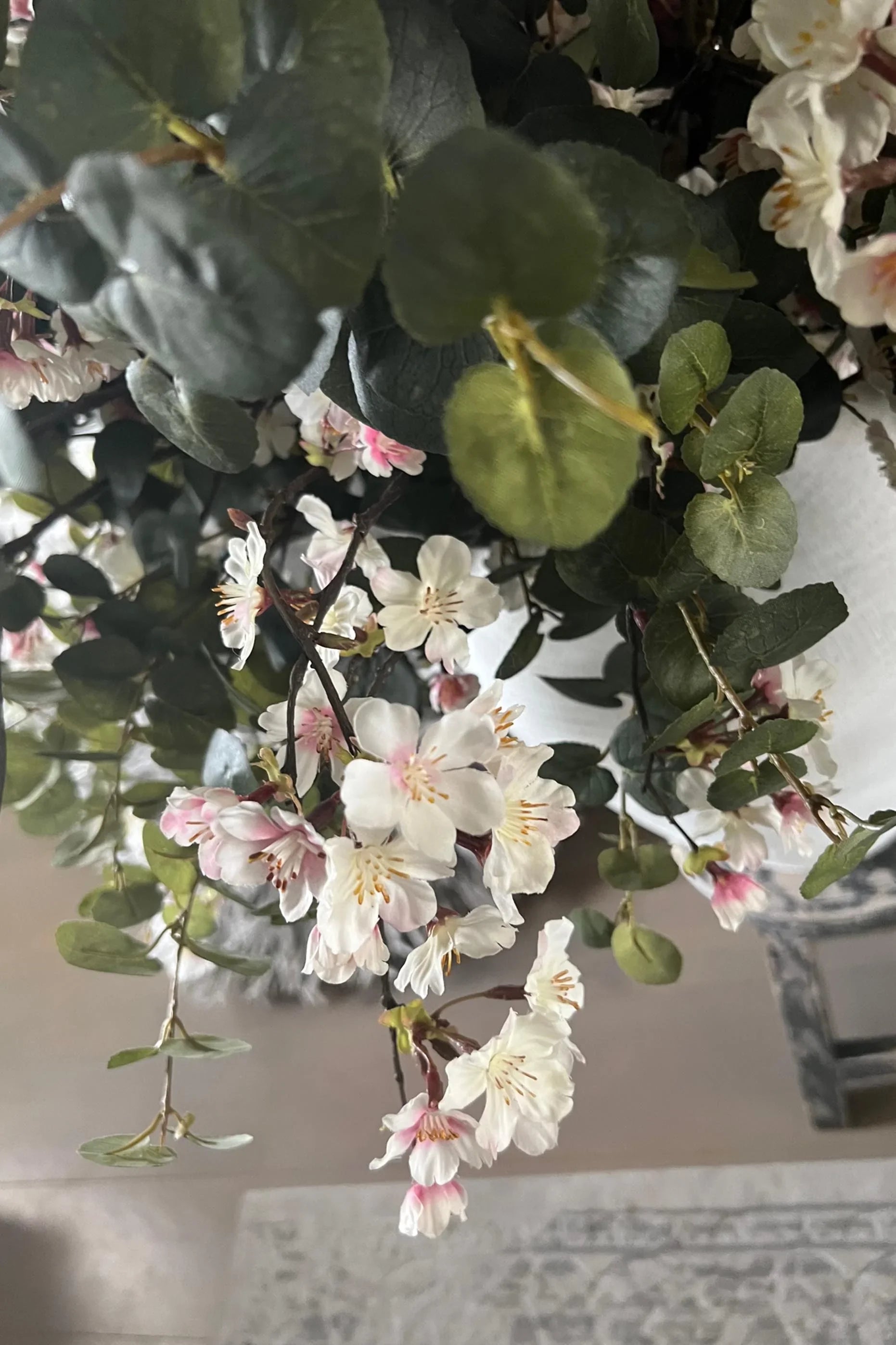 Blossom and Eucalyptus in a White Stone Vase RTfact Flowers 