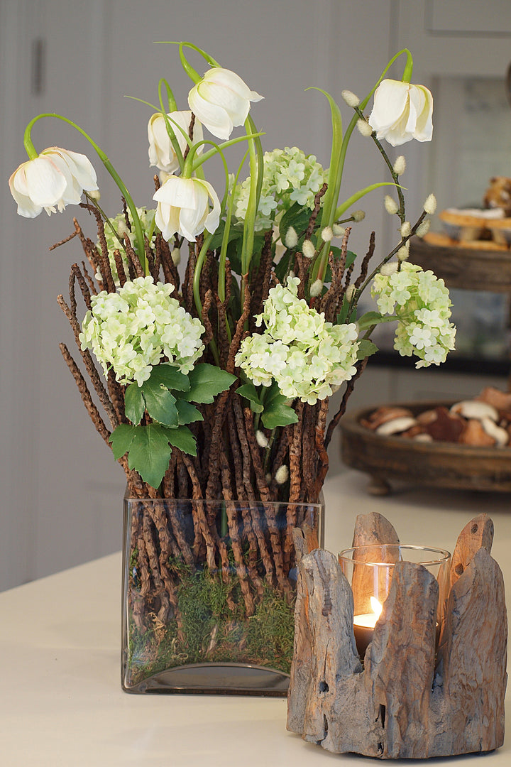 Guelder Rose and Fritillaria with Wood in Glass (Cream)