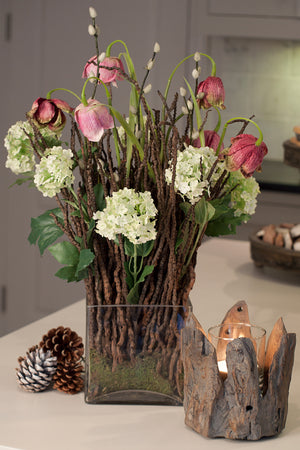 Guelder Rose and Fritillaria with Wood in Glass (Pink)