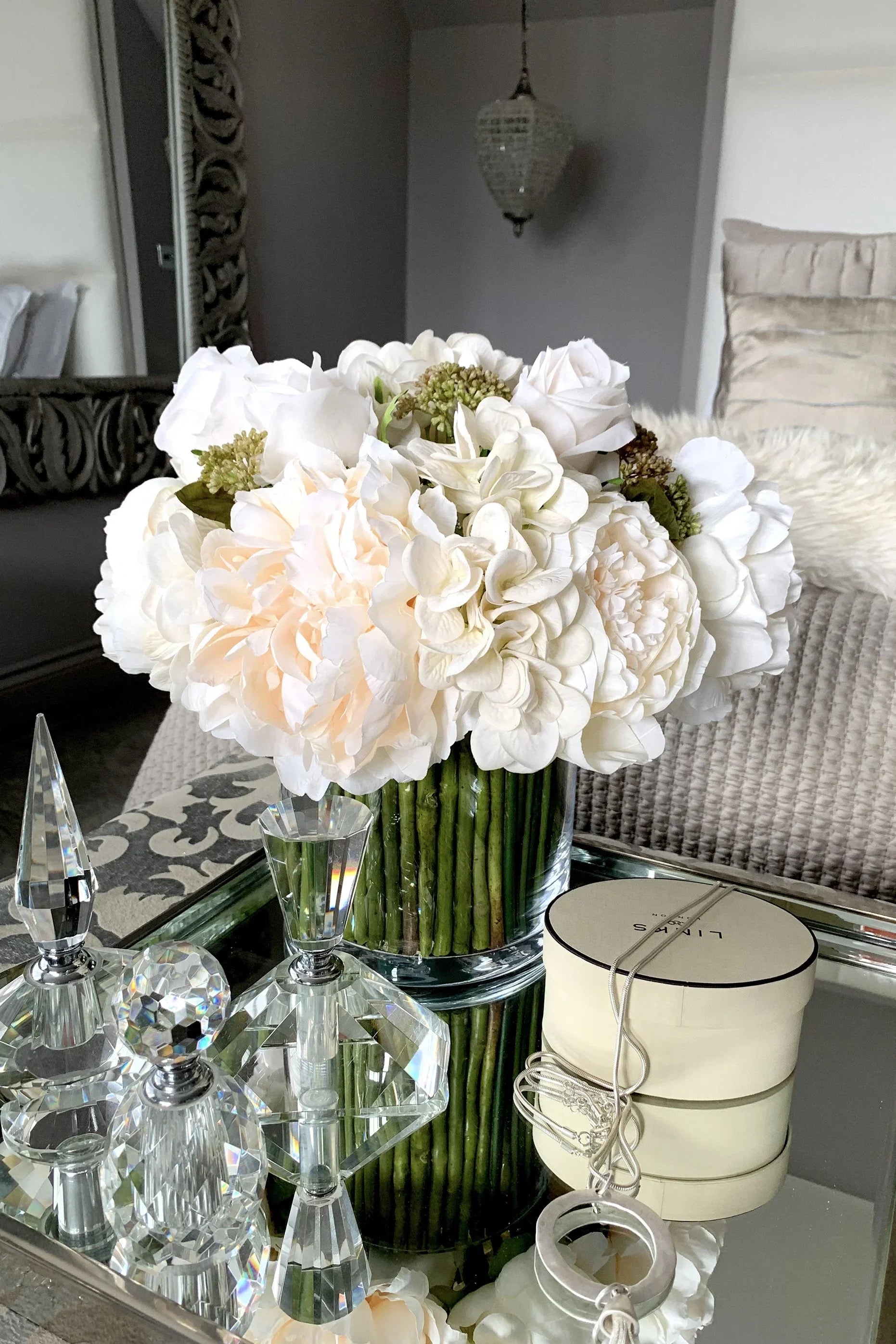 Peony, Hydrangea and Roses in a Stem Lined Vase (Soft Peach) RTfact Flowers 