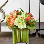 Vanda Orchids with Protea in a Stem Lined Cube RTfact Flowers 
