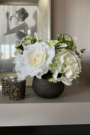Hydrangea, Roses and Dogwood in a Bronze Vase (White)
